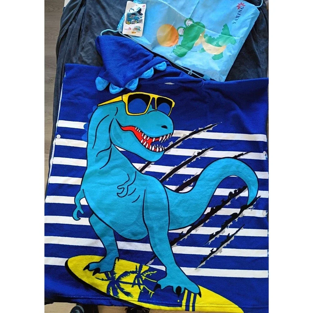 NWT Hooded Dinosaur Striped Fleece Beach Towel Blue w/ Drawstring Bag